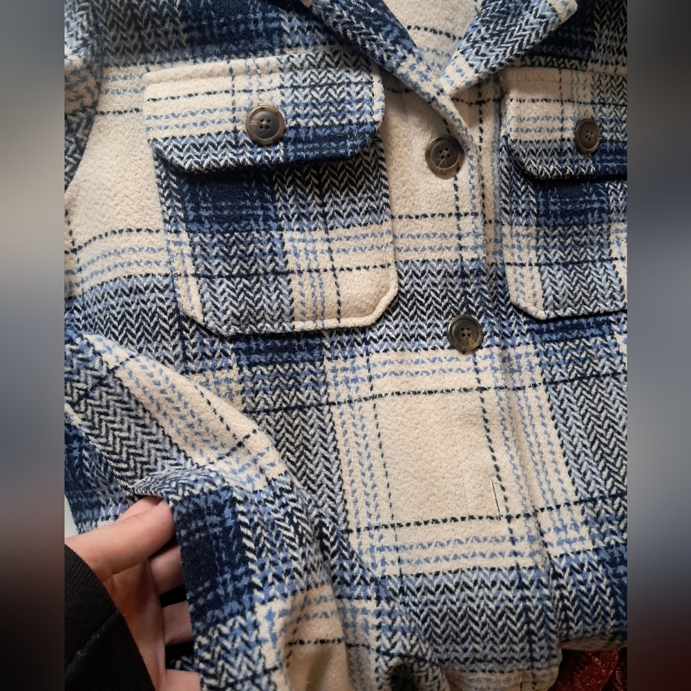 Time & True Plaid Blue & White/Cream Warm Oversized Jacket - Picture 6 of 6